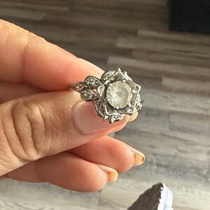 Sterling Silver Floral Statement Ring with Clear Gemstone